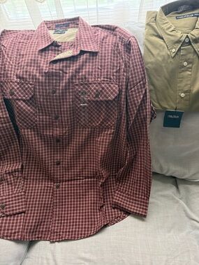 Dockers Men's Red Plaid Long-Sleeve Button-Down Shirt & Nautical taupe shirt.